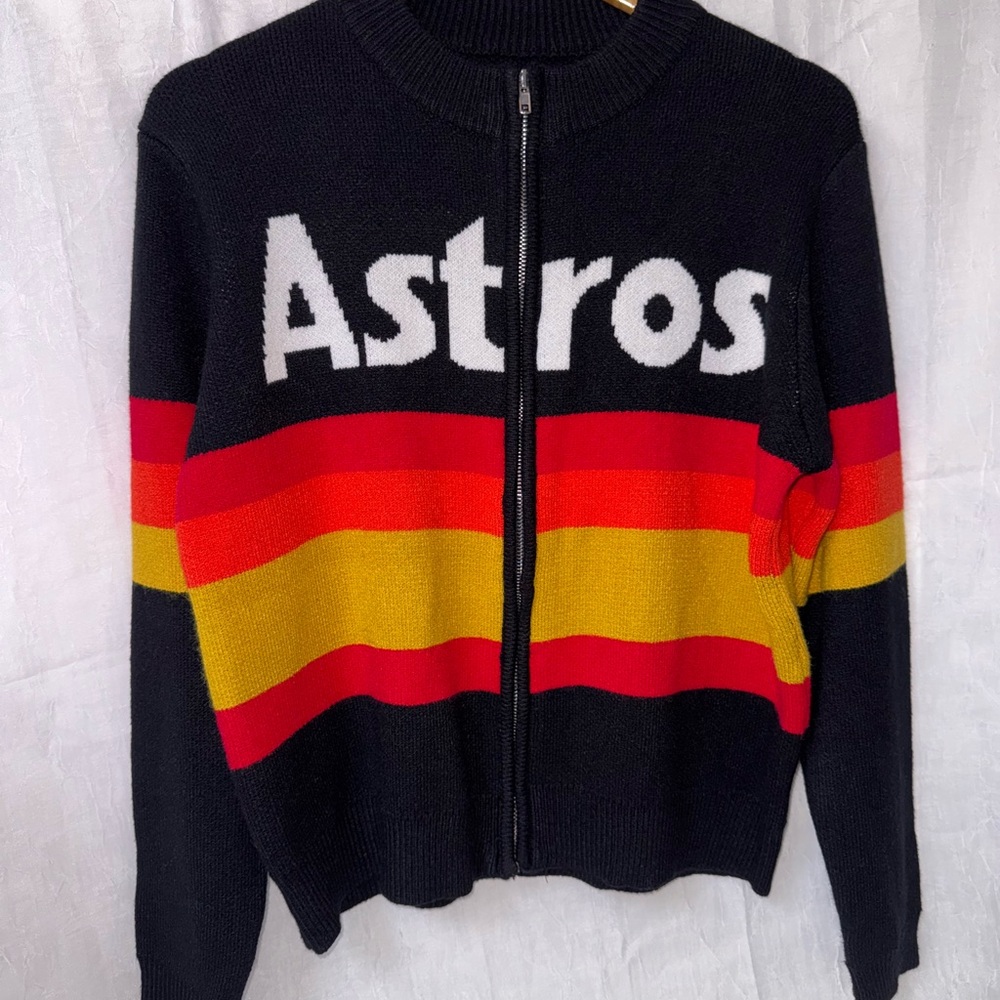 Astros Black Zip-Up Sweater with Red and Yellow Stripes
